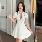 V-neck Two Tone Zip A-line Mini Dress
