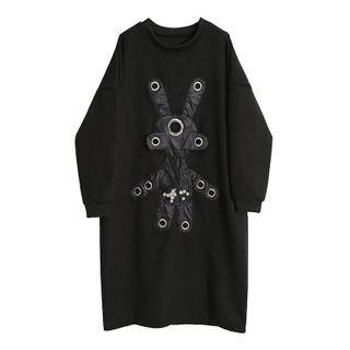 Long-sleeve Rabbit Embroidered Midi Dress Black - One Size