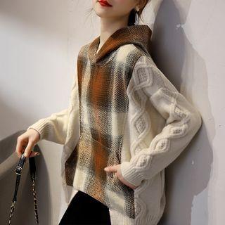 Plaid Panel Cable Knit Hoodie