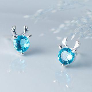 Deer Horn Rhinestone Sterling Silver Earring 1 Pair - S925 Silver - Stud Earring - Blue - One Size