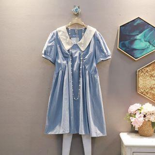 Puff-sleeve Peter Pan Collar Plaid Ruched Dress
