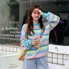Long-sleeve Striped Lettering Knit Top As Shown In Figure - One Size