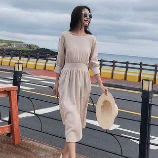 Elbow-sleeve Lace-up Back A-line Midi Dress