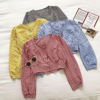 Color-block Plaid V-neck Long-sleeve Top