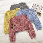 Color-block Plaid V-neck Long-sleeve Top