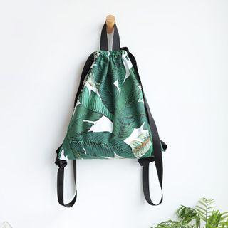 Leaf Print Drawstring Backpack Green - One Size