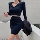Set: Long-sleeve Open-collar Knit Top + Mini Fitted Skirt