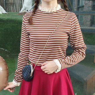 Lace Trim Striped Long-sleeve T-shirt