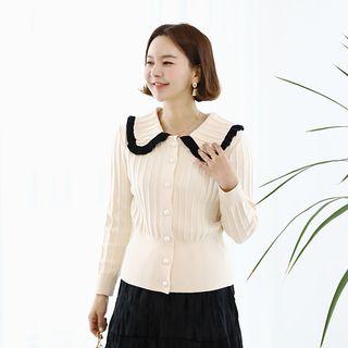 Frilled Wide-collar Rib-knit Cardigan