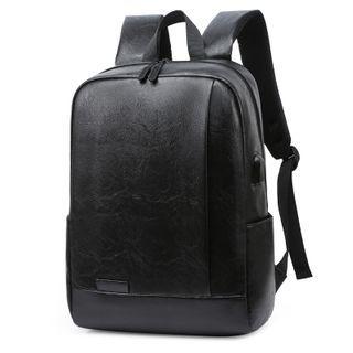 Plain Faux Leather Zip Backpack Black - One Size