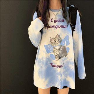 Long-sleeve Tie-dyed Cat Printed T-shirt As Shown In Figure - One Size