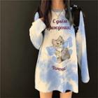 Long-sleeve Tie-dyed Cat Printed T-shirt As Shown In Figure - One Size