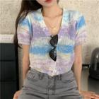Short-sleeve Tie-dyed Buttoned Knit Top As Shown In Figure - One Size