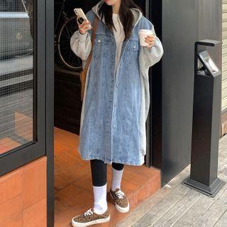 Denim Panel Button-up Hooded Long Coat Blue & Light Gray - One Size
