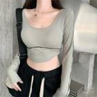 Contrast Trim Square-neck Crop Top Grayish Green - One Size