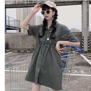 Elbow-sleeve Buttoned A-line Mini Cargo Dress
