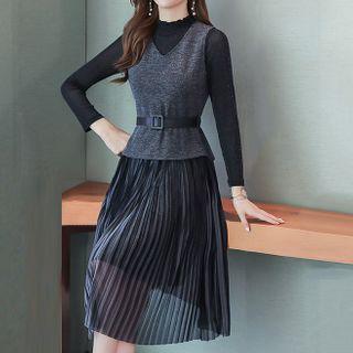 Set: V-neck Vest + Long-sleeve Midi Accordion Pleat Dress