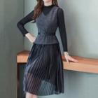 Set: V-neck Vest + Long-sleeve Midi Accordion Pleat Dress