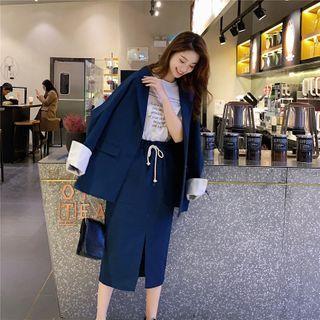 Set: Plain Single-breasted Blazer + Midi Straight-fit Skirt