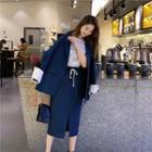 Set: Plain Single-breasted Blazer + Midi Straight-fit Skirt