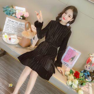 Furry Cuff Velvet A-line Dress