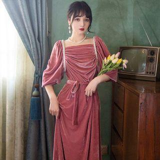 Shirred Velvet Midi A-line Dress