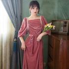 Shirred Velvet Midi A-line Dress