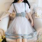 Set: Short-sleeve Mini A-line T-shirt Dress + Mesh Suspender Skirt