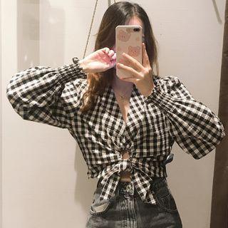 Gingham Tie-front Lantern-sleeve Blouse