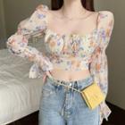 Bell-sleeve Square-neck Floral Top