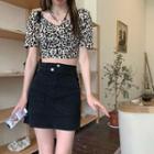 V-neck Printed Leopard Blouse / High-waist Plain A-line Mini Skirt