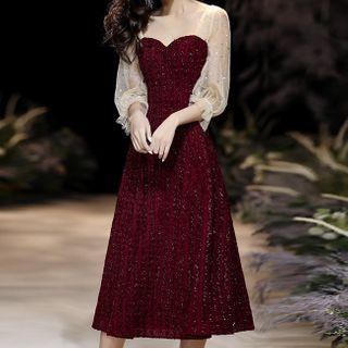 3/4-sleeve Mesh Panel Midi / Maxi Prom Dress