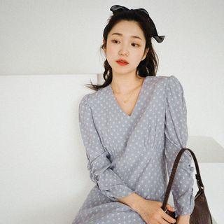 Ruched-sleeve Pattern A-line Dress
