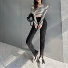 High Waist Slit Bootcut Pants / Long-sleeve Striped Top