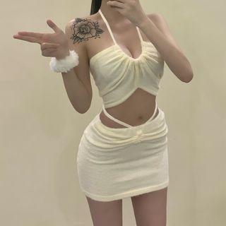 Set: Halter-neck Cutout Crop Top + Mini Skirt