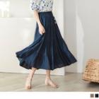 Elastic-waist Buttoned Tiered Midi Skirt