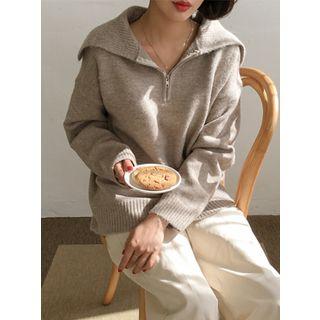Wide-collar Zip-neck Sweater