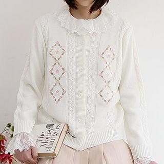 Flower Embroidered Cable-knit Cardigan
