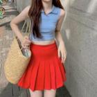 Collared Tank Top / Pleated Mini A-line Skirt