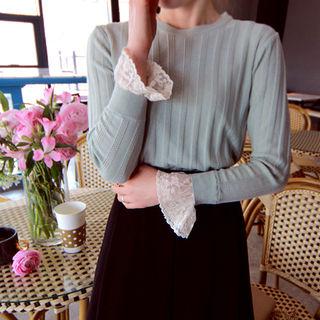 Lace-cuff Rib-knit Top