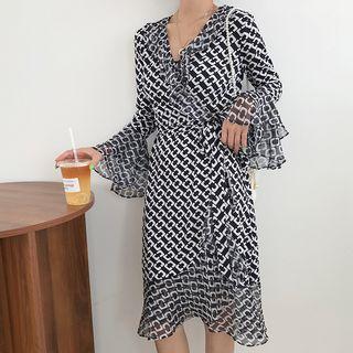 Long-sleeve Patterned Ruffled Wrap Dress