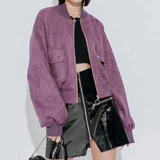 Set: Lettering Faux Suede Zip Jacket + Beret