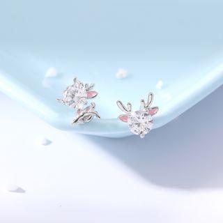 925 Sterling Silver Rhinestone Deer Stud Earrings 1 Pair - As Shown In Figure - One Size