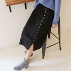 Accordion-pleat Buttoned Long Knit Skirt