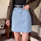 Washed Fray-hem Denim Miniskirt