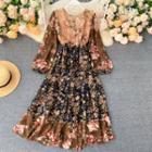 Balloon-sleeve Floral Print Midi A-line Dress Brown - One Size
