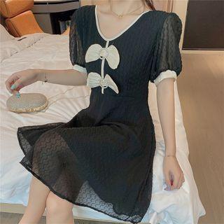 Short-sleeve Bow Accent Mini A-line Chiffon Dress