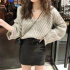 Plain Off-shoulder Loose-fit Sweater / High-waist Skirt