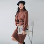Turtle-neck Rib-knit Dress With Belt