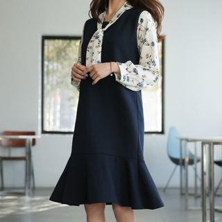 Inset Floral Blouse Ruffle-hem Midi Dress